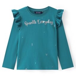 Pine Kids Cotton Knit Full Sleeves Top with Frill Detailing & Text Print - Teal-image-87