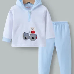 Kookie Kids Full Sleeves Hooded Front Zipper Winter Wear Suit With Teddy Embroidery - Blue & White-picture-26