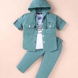 JASH KIDS Cotton Knit Full Sleeves Textured Hooded Shirt & Trouser Set with Text Printed T-Shirt - SeaGreen-image-48
