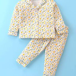 Doreme Single Jersey Full Sleeves Night Suit with Floral Print - White & Yellow-image-61