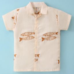 Dapper Dudes Half Sleeves Fish Embroidered Shirt - Cream-image-2