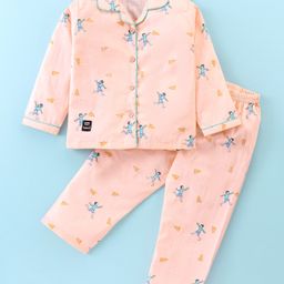 Enfance Core Cotton Woven Full Sleeves Boy & Paper Rocket Printed Coordinating Night Suit Set - Peach-image-36