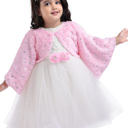 Babyhug Woven Full Sleeves Flora Foil Printed Shrug & Fit & Flared Shimmered Party Dress with Fur Yoke - Pink-image-83