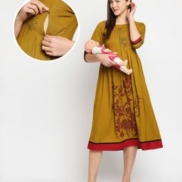Dummy Shape Three Fourth Sleeves Floral Printed Flared Maternity Kurta With Concealed Zipper Nursing Access - Olive Brown-image-71
