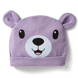 Babyhug 100% Cotton Interlock Knit Cap with Teddy Print & Ear Applique Purple - Circumference 35 cm-picture-2