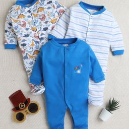 BUMZEE Cotton Pack Of 3 Full Sleeves Striped & Dinosaurs Printed Footed Sleepsuits - Royal Blue & White-image-31