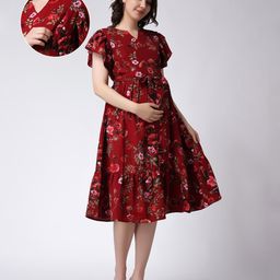 Moms Maternity Half Bell Sleeves Floral Printed Maternity Dress With Nursing Access - Maroon-image-71