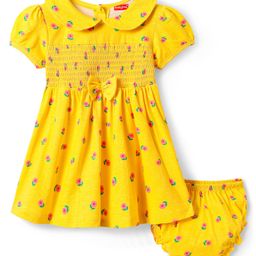 Babyhug Single Jersey Knit Half Sleeves Floral Printed Frock With Bow Applique & Bloomer - Yellow-image-82