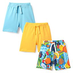 Babyhug Cotton Knit Mid Thigh Shorts with Tropical Theme Print Pack of 3 - Yellow & Light Blue-image-97