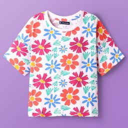 Pine Kids Cotton Knit Drop Shoulder Half Sleeves T-Shirt With Floral Print - White-19