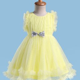 Babyhug Woven Frill Sleeves Party Mesh Dress with Bow Applique & Sequin Detailing - Yellow-image-73