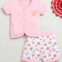 BUMZEE Cotton Half Sleeves Floral & Butterflies Printed Jhabla & Shorts Set - Pink & White-image-56