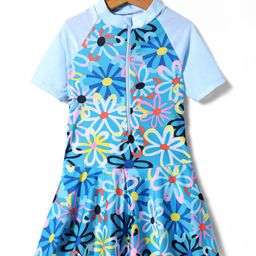 KIDLINGSS Half Raglan Sleeves Floral Printed Dress Style Swimsuit - Blue-image-52