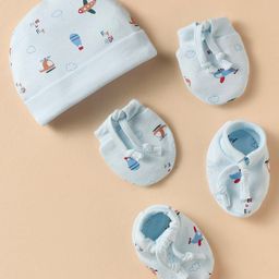 Simply Interlock Knit Cap Mitten & Booties Set with Helicopter Print Light Blue - Diameter 15 cm-2