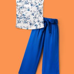 OLLINGTON ST. Woven Floral Printed Frill Sleeves Top & Twill Culottes - White & Navy Blue-image-60