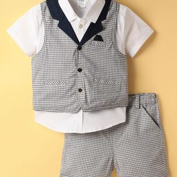 Simply Premium Poplin Woven Half Sleeves 3 Piece Party Suit with Checks - Light Grey-image-77