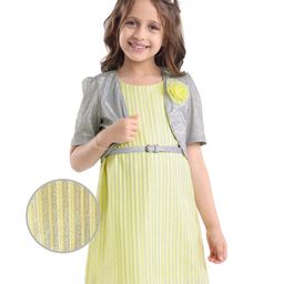 Hola Bonita Knit Striped A-Line Party Dress & Half Sleeves Shimmer Jacket With Belt - Yellow-image-83