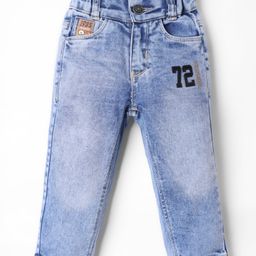 Olio Kids Full Length Washed Denim Jeans with Number Patch & Text Print - Light Blue-image-91