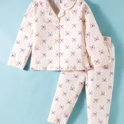 Smarty Girls Sinker Knit Full Sleeves Co- ord Night Suit with Bow Print - Peach-picture-3