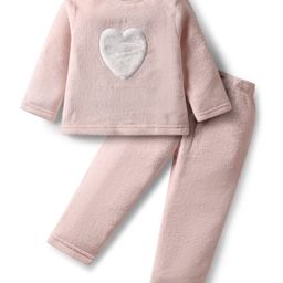 Babyhug Fur Woven Full Sleeves Winter Wear T-Shirt & Lounge Pant Set With Heart Embriodery - Pink-picture-22