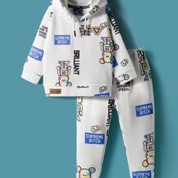 dapper dudes Dapper Dududes Full Sleeves Typography & Teddy Bear Printed Hooded Sweatshirt With Coordinating Joggers Set - White-picture-9