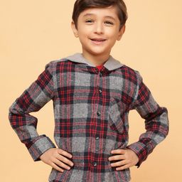Tales & Stories Cotton Woven Full Sleeves Plaid Checked Hooded Shirt - Red-picture-3