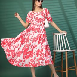 Oomph! Women Floral Printed Sweetheart Neck Puff Sleeve Fit & Flare Midi Dress-image-93