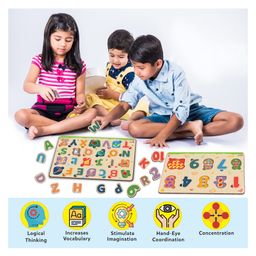 Little Berry My First Wooden Puzzle Tray Set of 2 Alphabets & Numbers Knob and Peg Puzzle Multicolour - 36 Pegs image 3