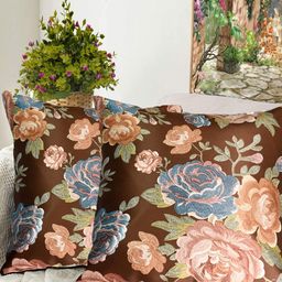 Blue Grass Coffee Brown & Green 2 Pieces Floral Velvet Square Cushion Covers-image-97