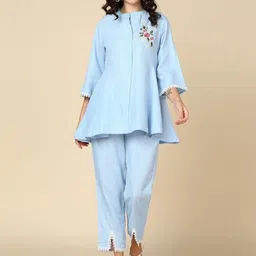 Shiv ali apparels Floral Embroidered Mandarin Collar Top With Trouser-image-51