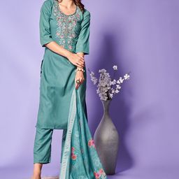 KALINI Women Floral Embroidered Regular Kurta with Trousers & With Dupatta-image-24