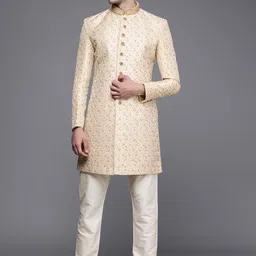 Manyavar Men Beige Floral Embroidered Sherwani and Churidar Set-image-71