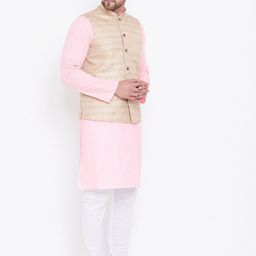 VASTRAMAY Men Pink & White Solid Kurta Set with Nehru Jacket image 4