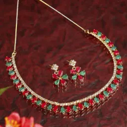Zeneme Gold Plated Red & Green AD Studded Necklace and Earring Set-image-40