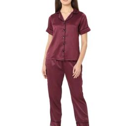 Smarty Pants Maroon Satin Shirt With Pyjamas-image-51