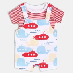 MINIKLUB Red & Multi Cotton Half Sleeves Submarine Printed Dungaree With Tee-image-21
