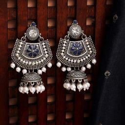 Aatmana Blue Meenakari Kundan & Pearl Floral Ethnic Jhumki Earrings image 1
