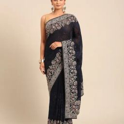 Mohey Blue Georgette Embroidered Saree With Unstitched Blouse-picture-25