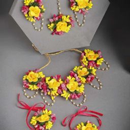 Zeneme Women Yellow Pink Flower Jewellery Set-42