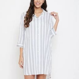 Clovia White Striped Night Dress-image-81