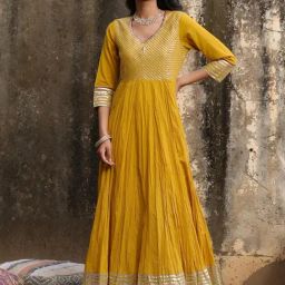 SCAKHI Mustard Cotton Embellished Anarkali Kurta-image-56