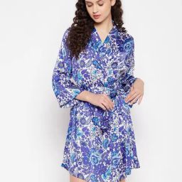 Clovia Blue & White Floral Print Robe-image-66