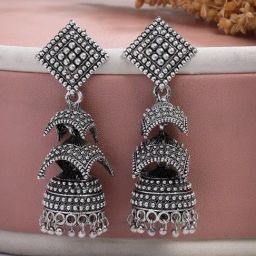 NVR Silver Oxidized Jhumki Earrings-37