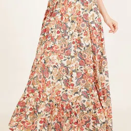 Brownverse Women Floral Printed Pure Cotton Tiered Maxi Skirt-picture-5