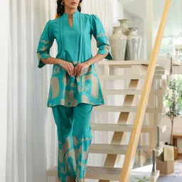JISORA Tropical Printed Pure Cotton Tunic With Trouser Co-Ord Set-45