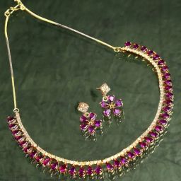 Zeneme Gold Plated Pink AD Studded Necklace and Earring Set-9