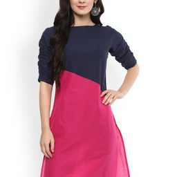 Pannkh Women Pink & Navy Colourblocked Straight Kurta-image-7