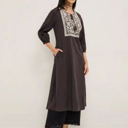 Utsa by Westside Dark Brown Embroidered Cotton Blend A-Line Kurta-image-86