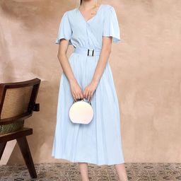 DressBerry Women 1Solid Print Fit & Flare Gathered or Pleated Midi Dress-image-70