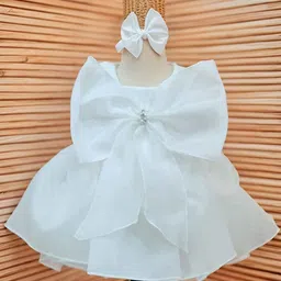 Lagorii Girls Bow Embellished With Pearls Work Frock -White-37